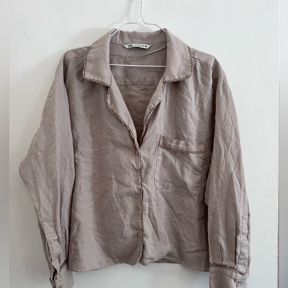 ZARA Caroline Linen Long Sleeve Notch Lapel Button-Up Shirt Beige Women's XL